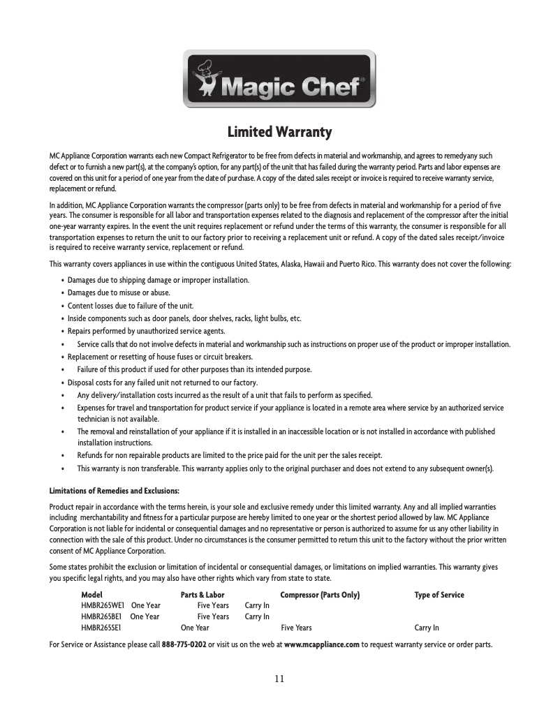 Página 1 del manual Información de garantía Magic Chef HMBR265BE1
