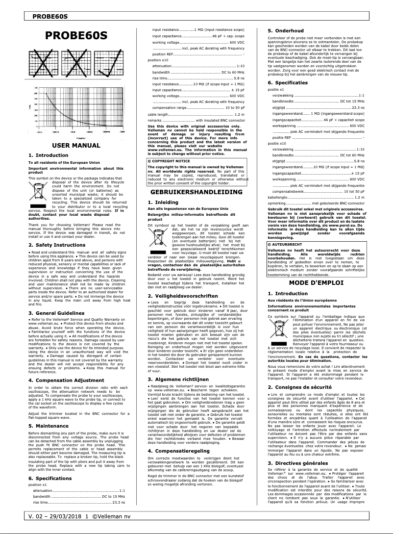Page 1 de la notice Manuel utilisateur Velleman PROBE60S