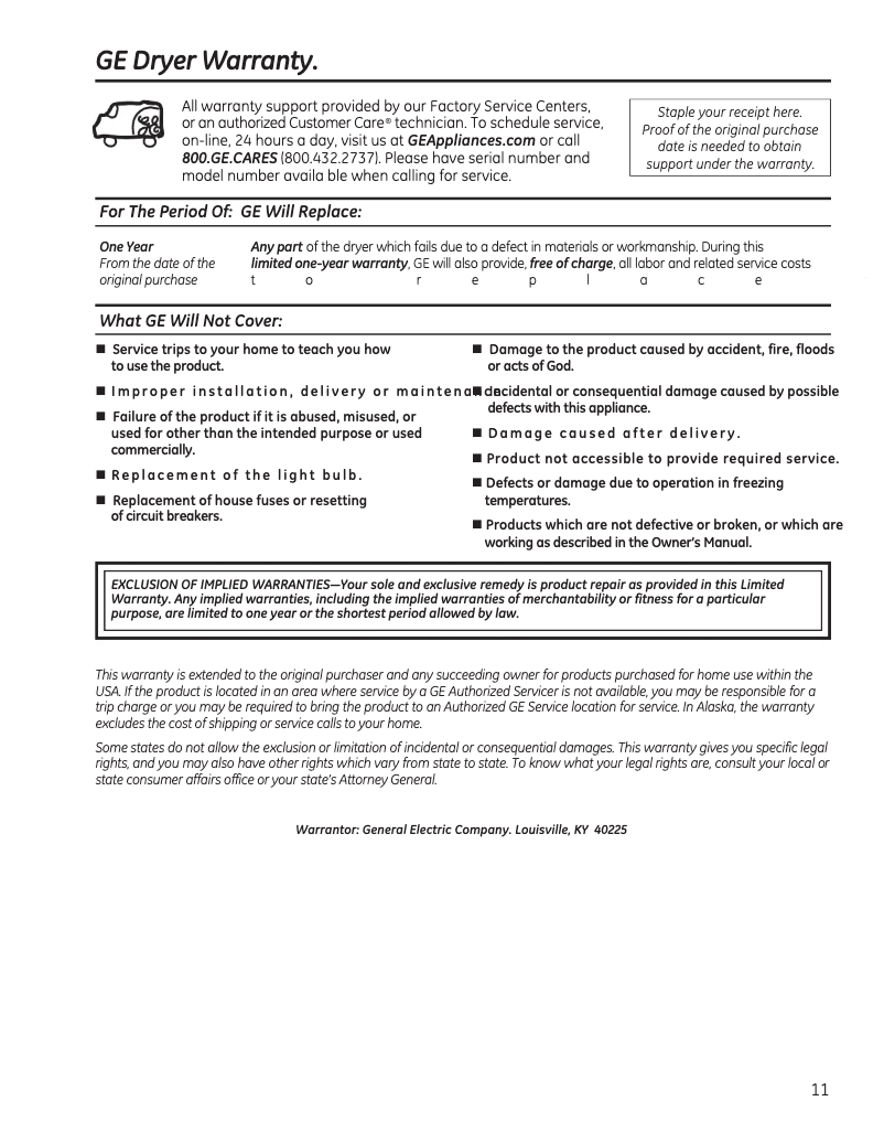 Page n°1 - Informations de garantie GE GTD33EASKWW