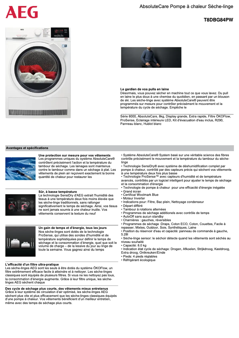 Page n°1 - Fiche technique AEG T8DBG84PW