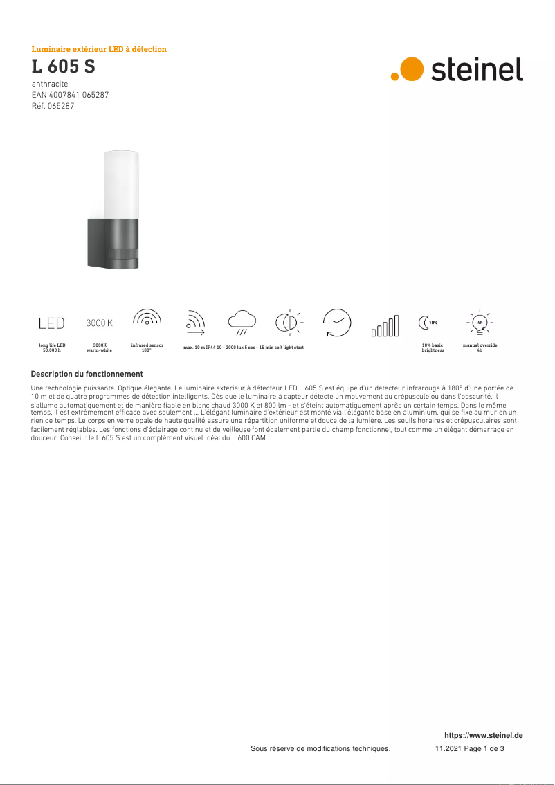 Page n°1 - Fiche technique Steinel L 605 S
