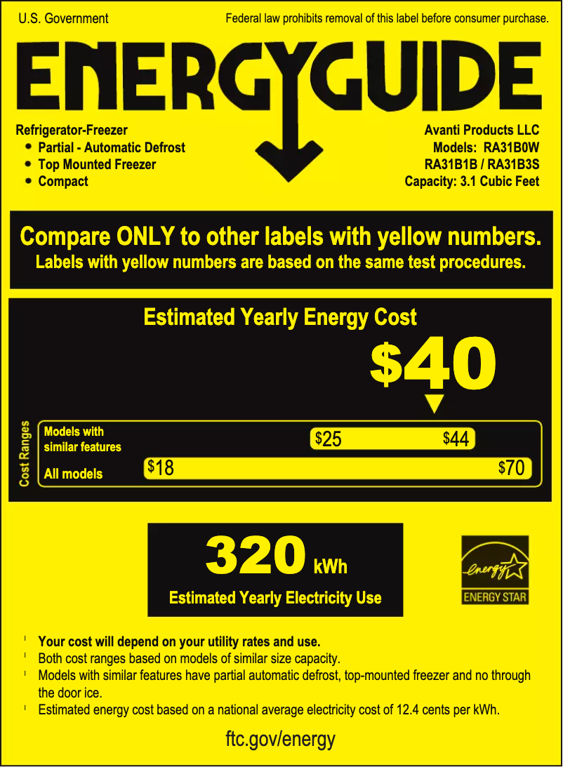 Page 1 de la notice Label énergétique Avanti RA31B0W