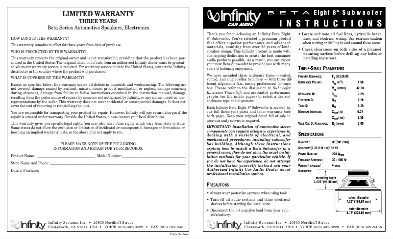 Page 1 de la notice Manuel utilisateur Infinity Beta 8