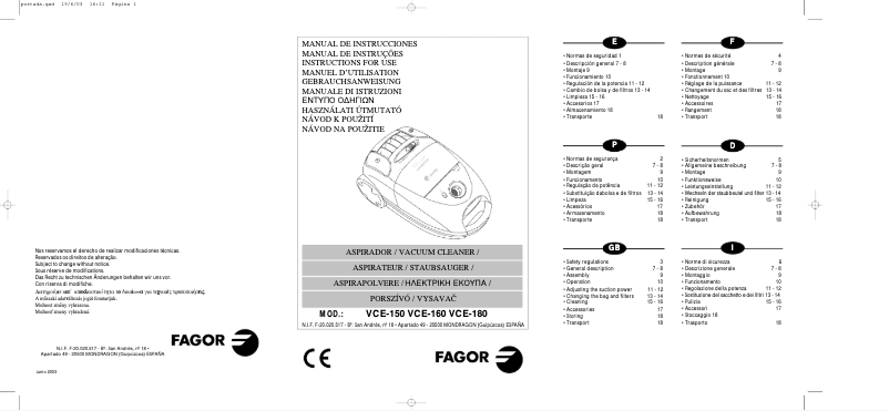 Page 1 de la notice Manuel utilisateur Fagor VCE-160