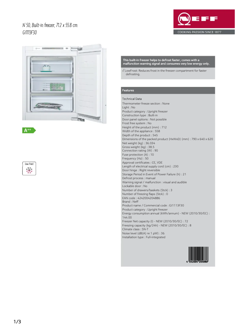 Page 1 de la notice Fiche technique Neff GI1113F30