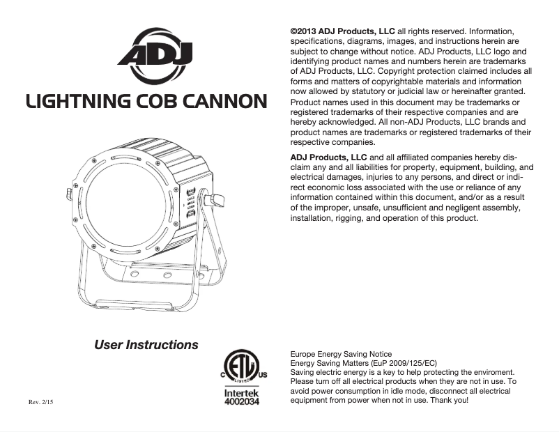 Page n°1 - Manuel utilisateur Adj Lightning COB Cannon