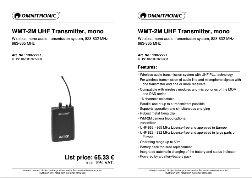 Page 1 de la notice Fiche technique Omnitronic WMT-2M UHF