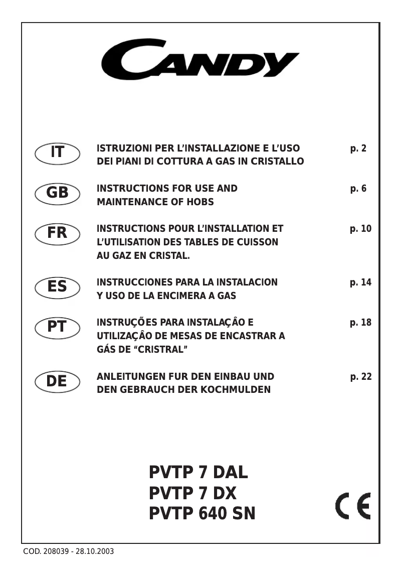 Page n°1 - Manuel utilisateur Candy PCPVTP7DX