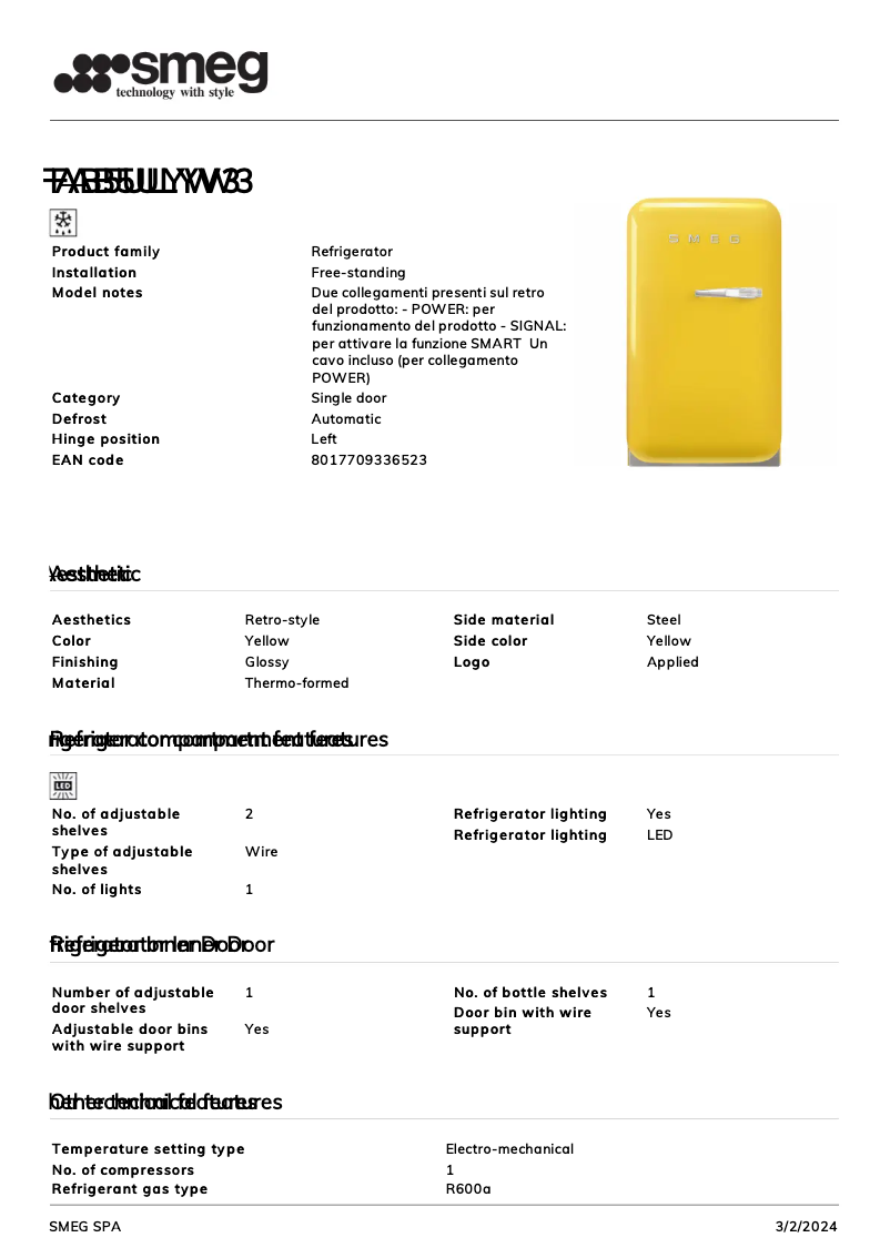 Page 1 de la notice Fiche technique Smeg FAB5ULYW3