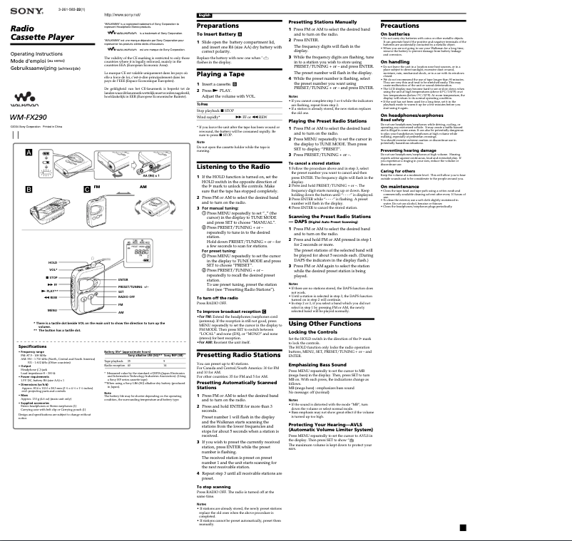 Image de la première page du manuel de l'appareil Walkman WM-FX290