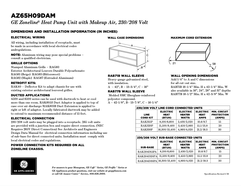 Page 1 de la notice Fiche technique GE AZ65H09DAM