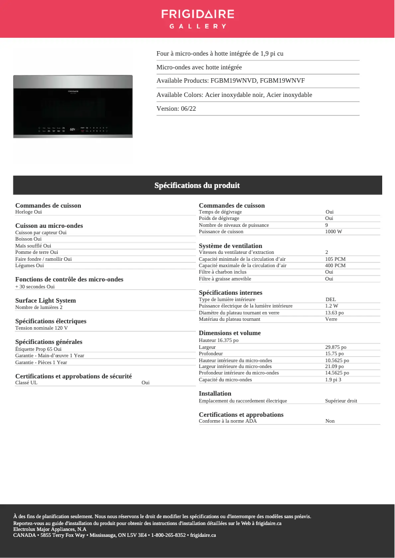 Page n°1 - Fiche technique Frigidaire FGBM19WNVD