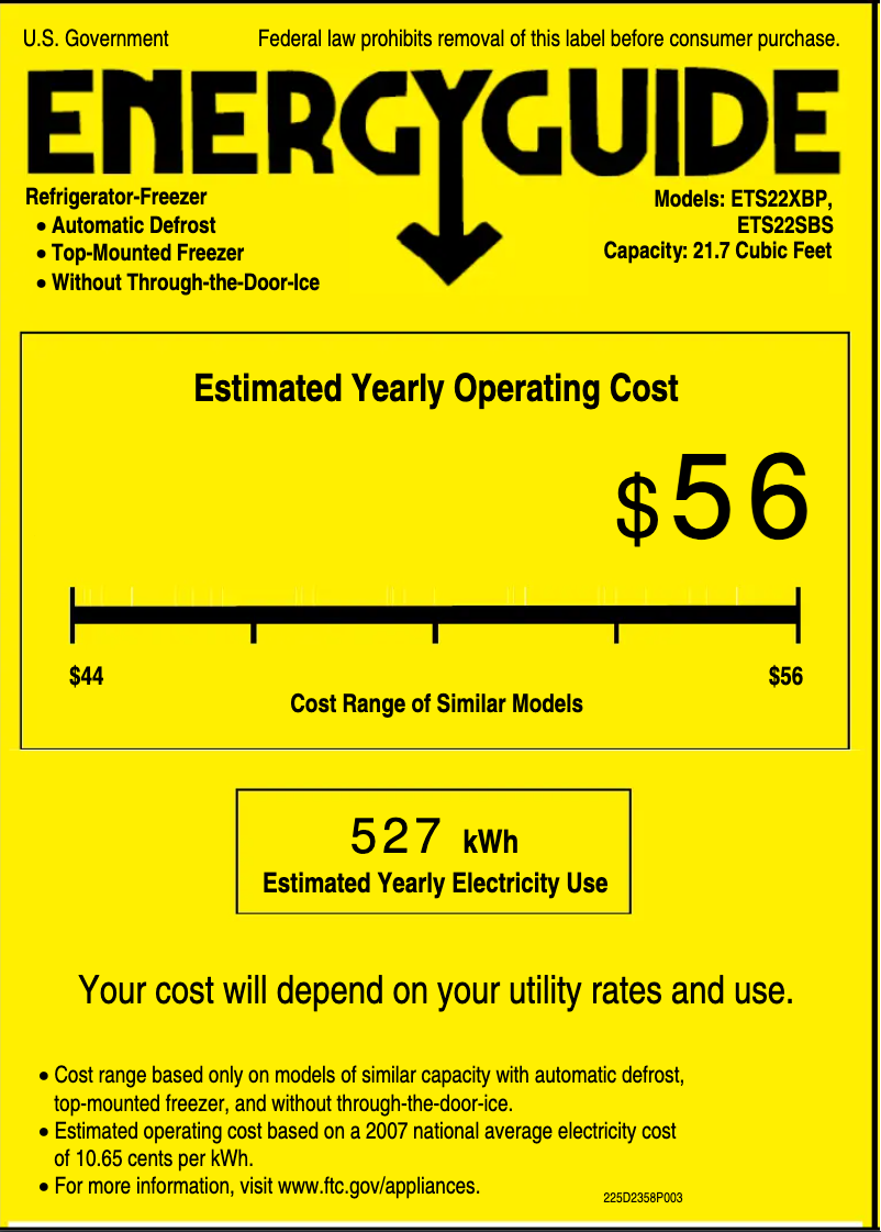 Page 1 de la notice Label énergétique GE ETS22XBPCC