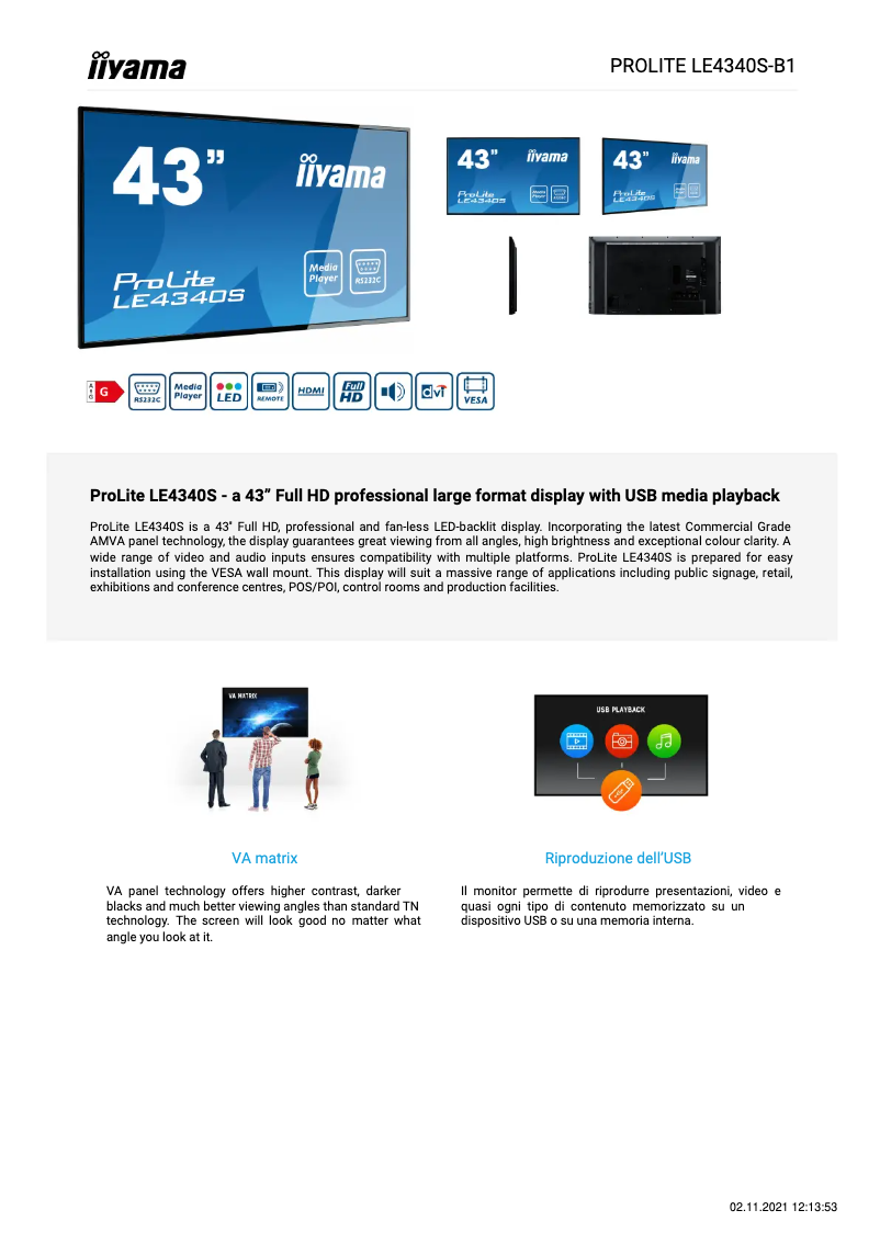 Page n°1 - Fiche technique Iiyama ProLite LE4340S