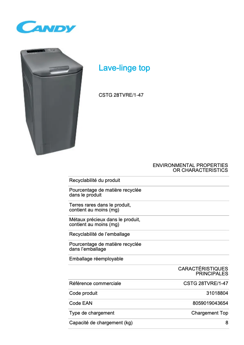 Page 1 de la notice Fiche technique Candy CSTG 28TVRE/1-47