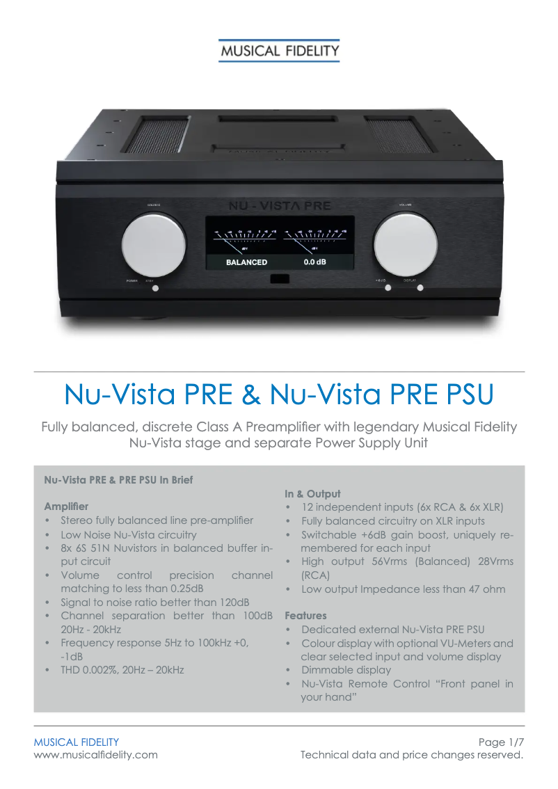 Page n°1 - Fiche technique Musical Fidelity Nu-Vista PRE