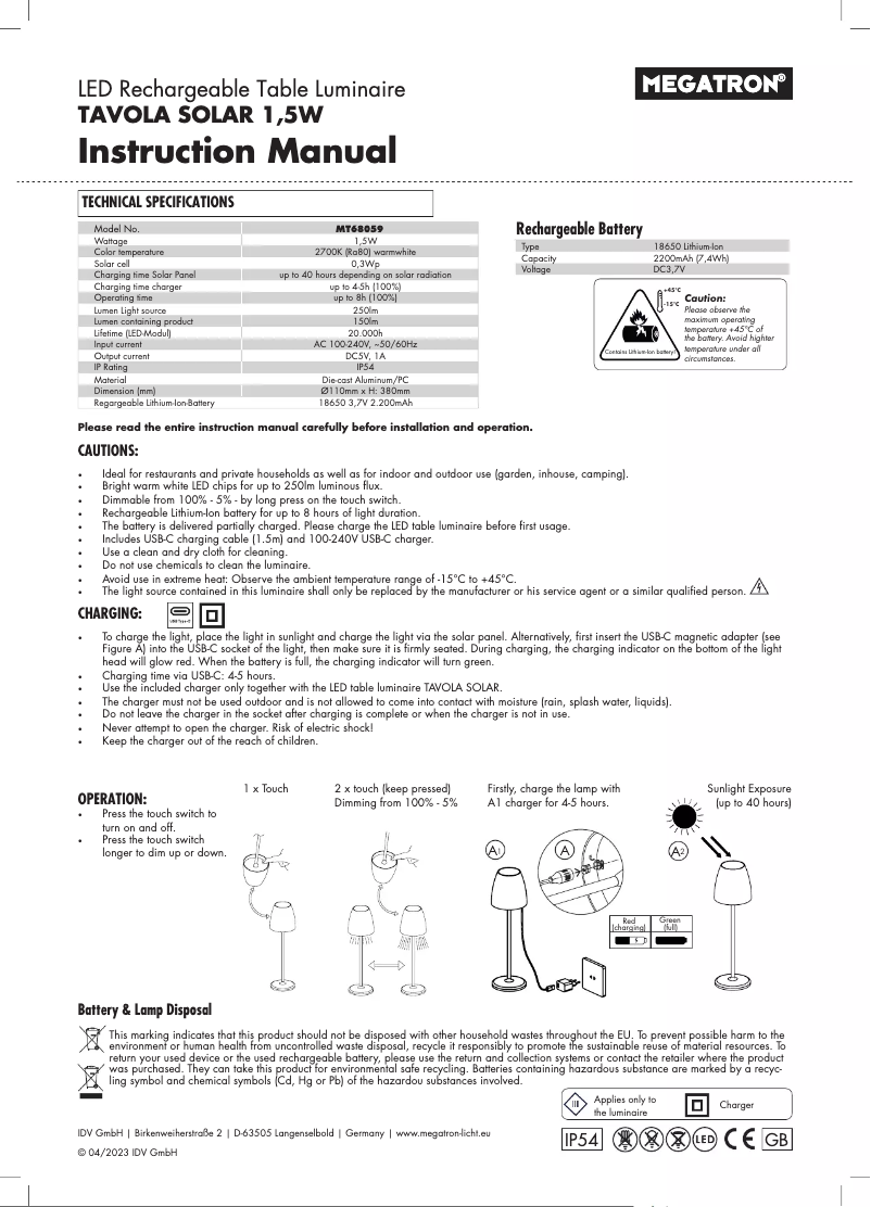 Page n°1 - Manuel utilisateur Megatron TAVOLA Solar
