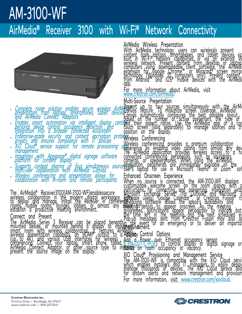 Page 1 de la notice Fiche technique Crestron AM-3100-WF