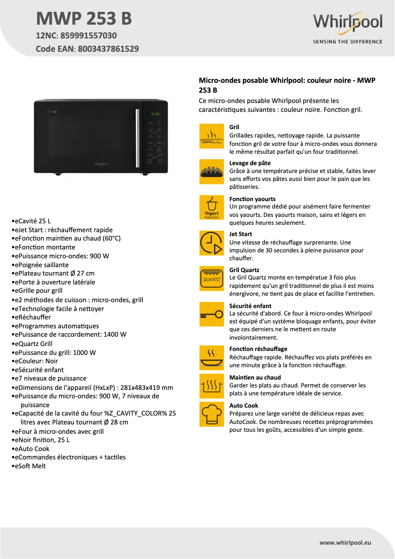 Page 1 de la notice Fiche technique Whirlpool MWP 253 B