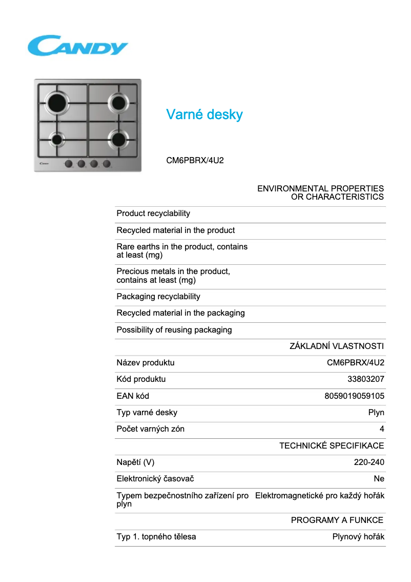 Page n°1 - Fiche technique Candy CM6PBRX
