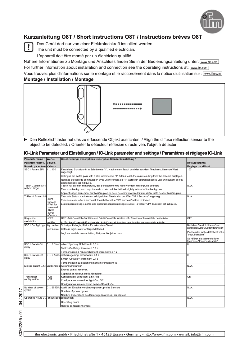 Page n°1 - Manuel utilisateur IFM O8T204