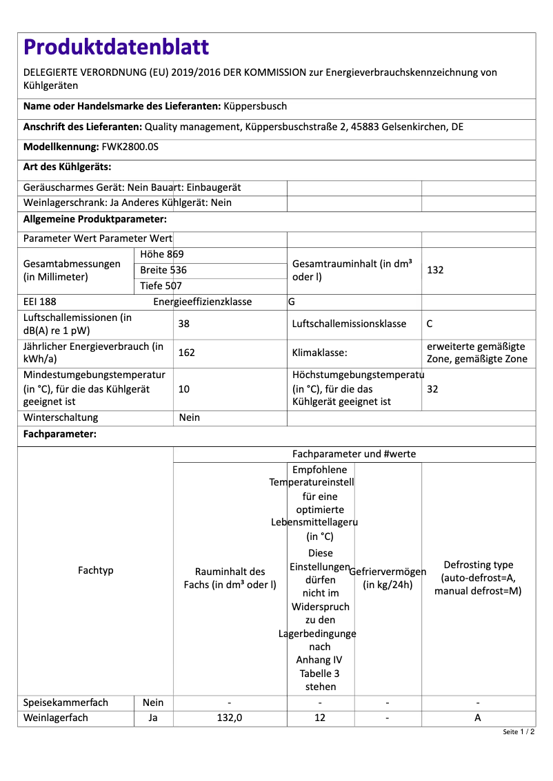 Page 1 de la notice Label énergétique Küppersbusch FWK2800.0S