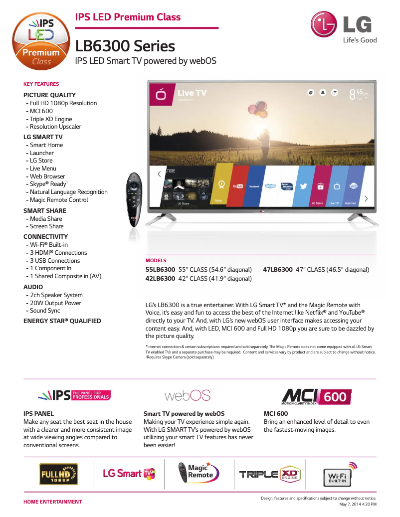 Page 1 de la notice Fiche technique LG 42LB6300