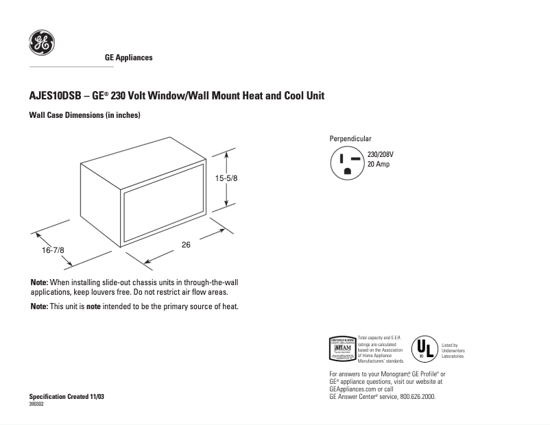 Page 1 de la notice Fiche technique GE AJES10DSB