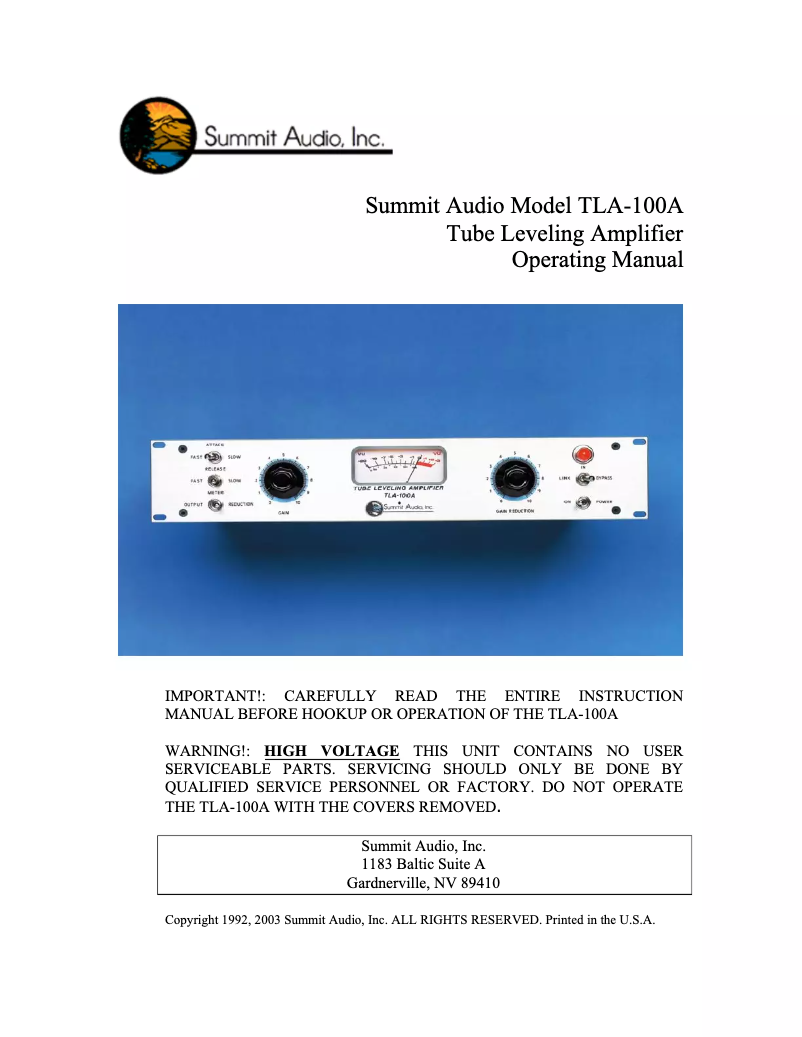 Image de la première page du manuel de l'appareil TLA-100A