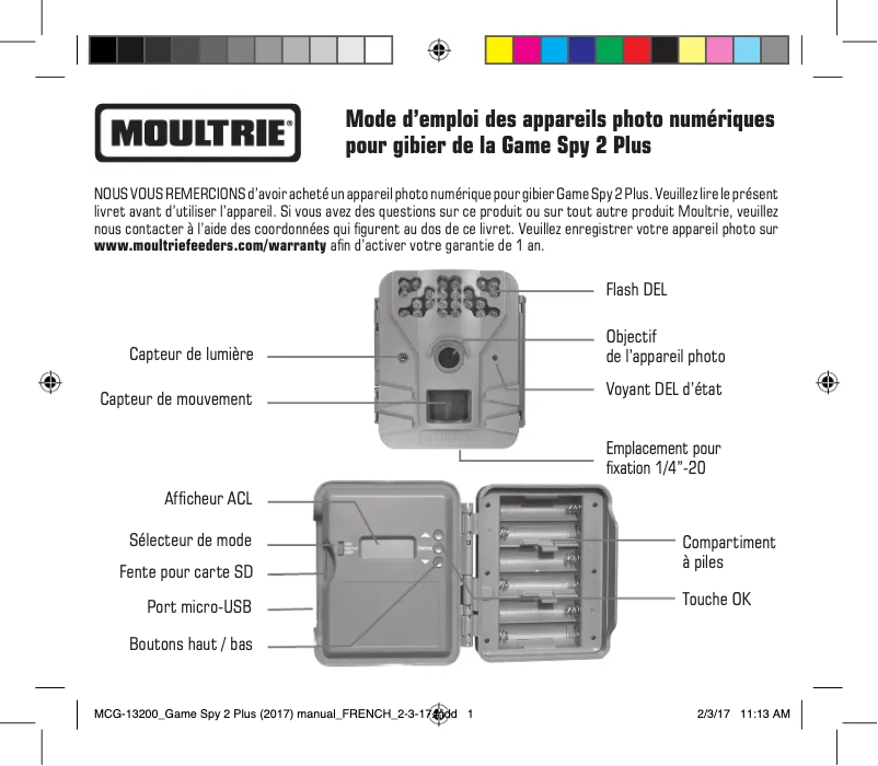 Page 1 de la notice Manuel utilisateur Moultrie Game Spy 2 Plus