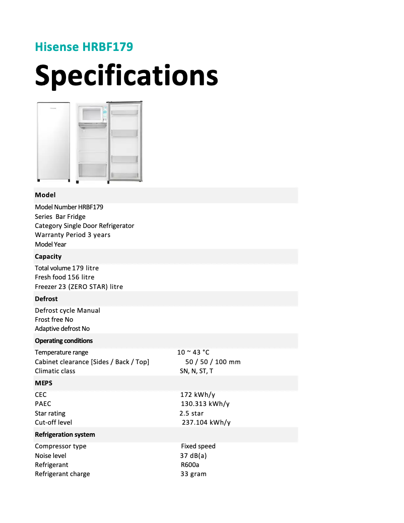 Page 1 de la notice Fiche technique Hisense HRBF179