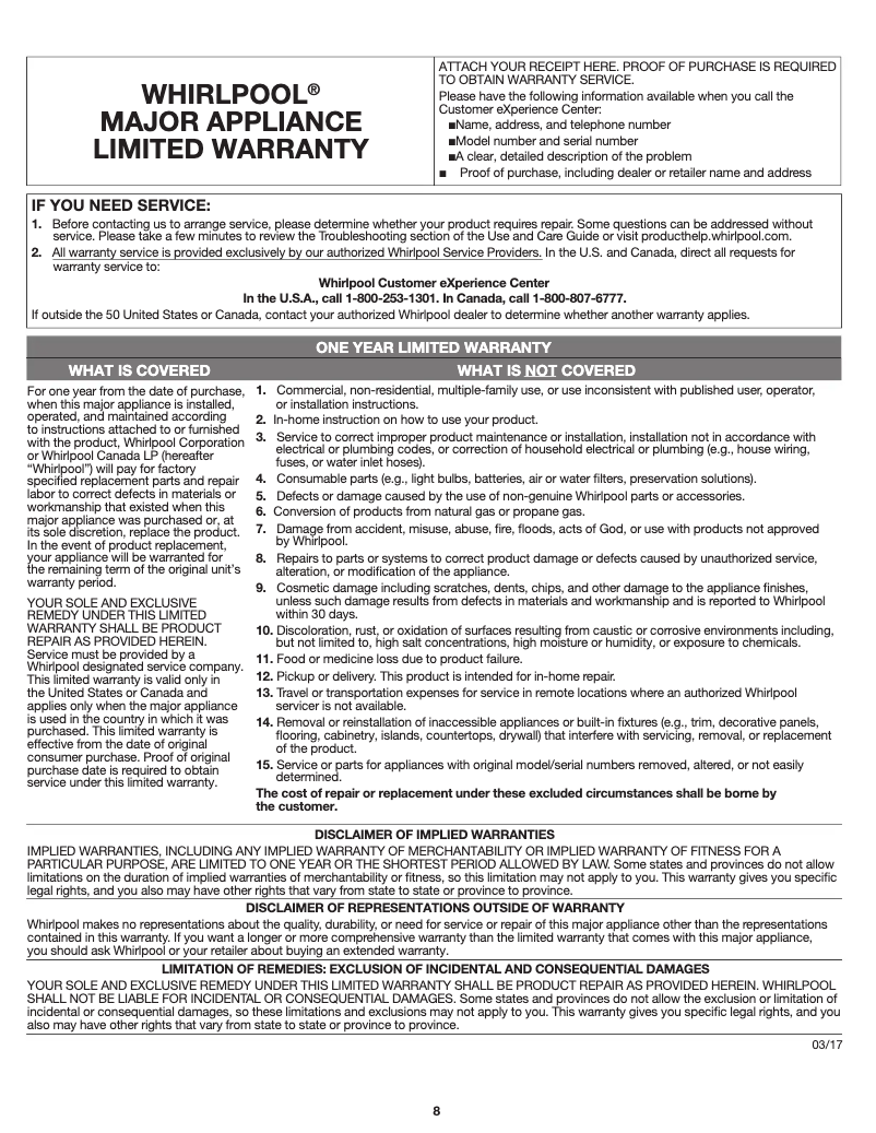 Page 1 de la notice Informations de garantie Whirlpool WRS311SDHB