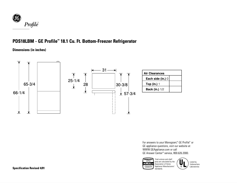 Page n°1 - Fiche technique GE Profile PDS18LBMBB