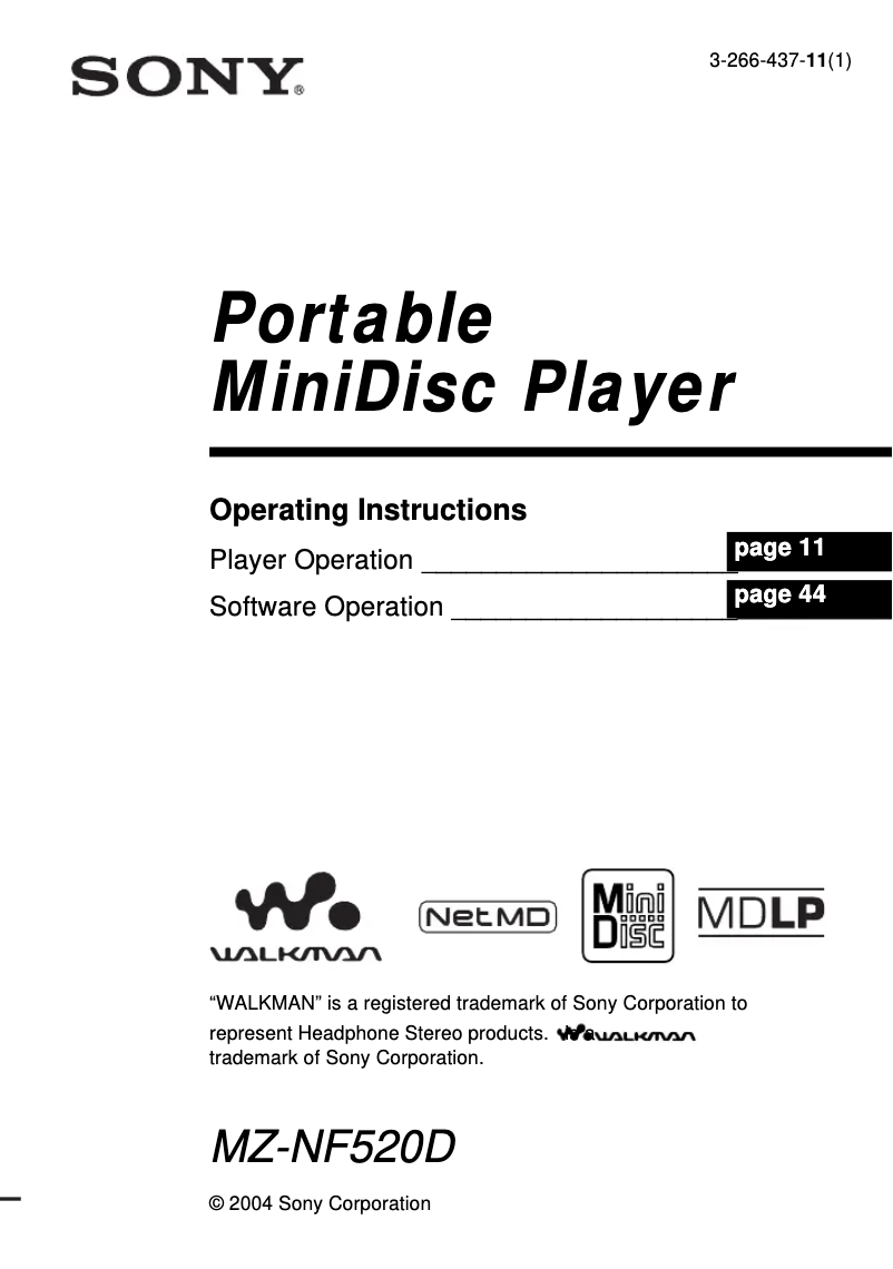 Image de la première page du manuel de l'appareil Walkman MZ-NF520D