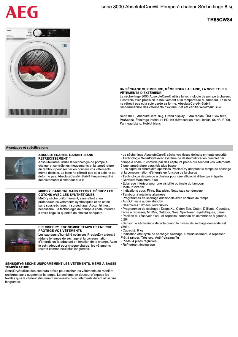 Page 1 de la notice Fiche technique AEG TR85CW84