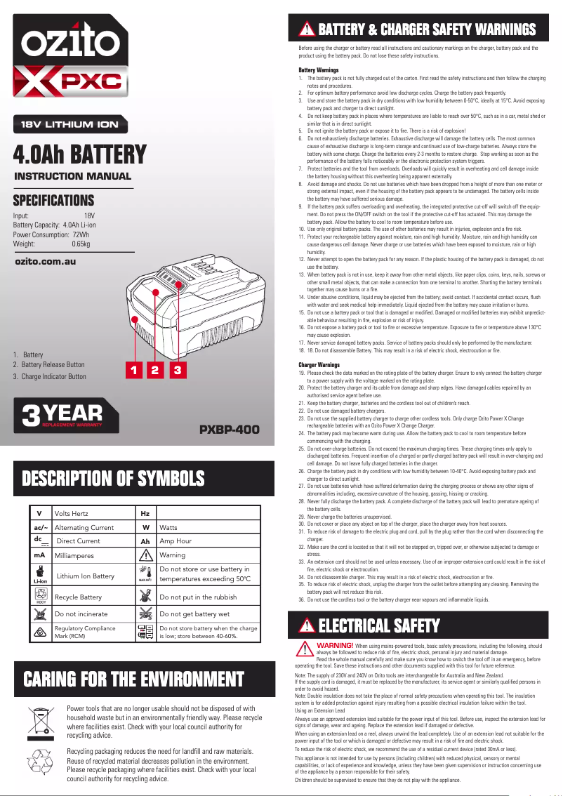 Page 1 de la notice Manuel utilisateur Ozito PXBC-6080