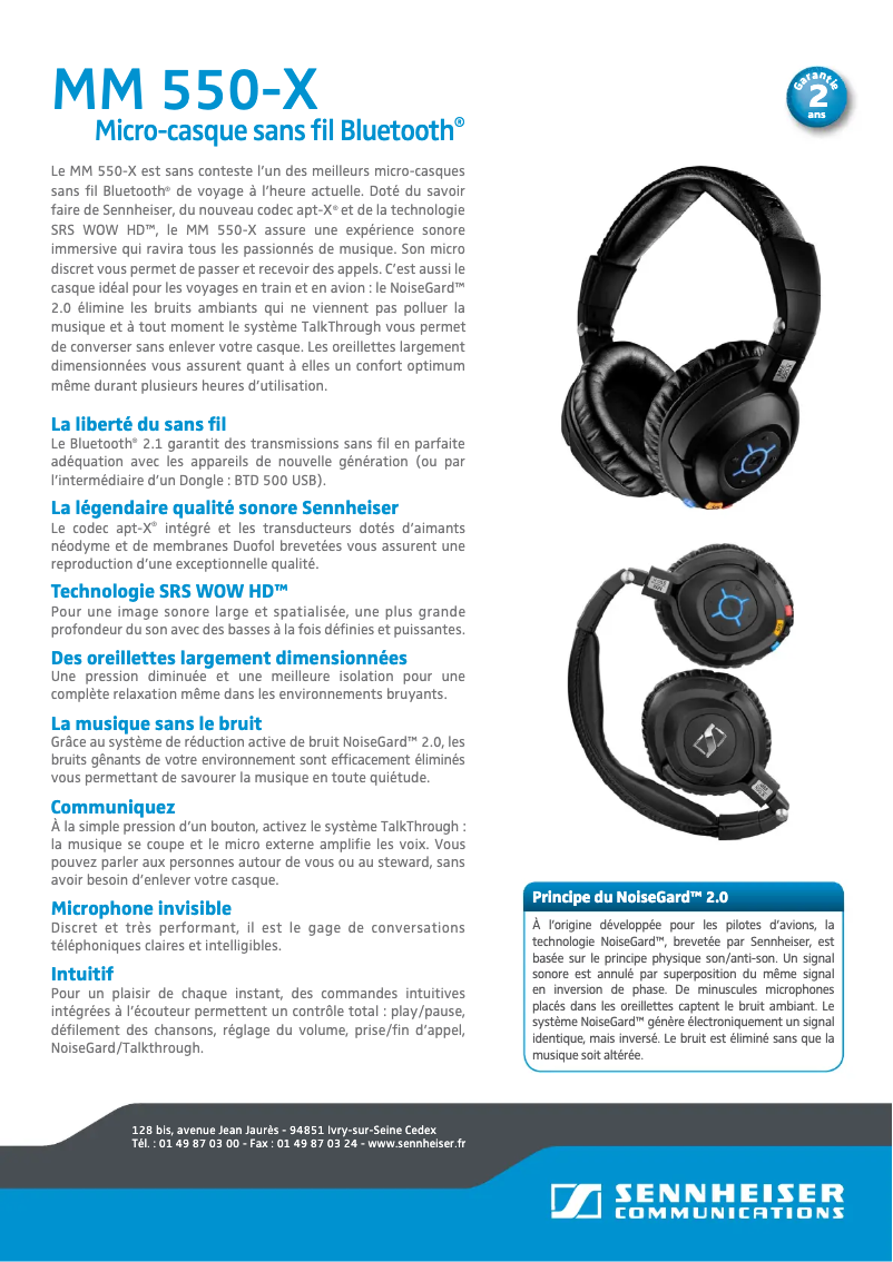 Page 1 de la notice Fiche technique Sennheiser MM 550-X Travel
