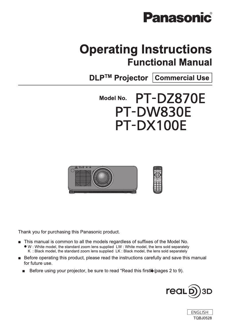 Page 1 de la notice Manuel utilisateur Panasonic PT-DX100