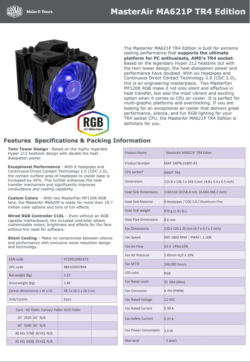 Page n°1 - Fiche technique Cooler Master MasterAir MA621P