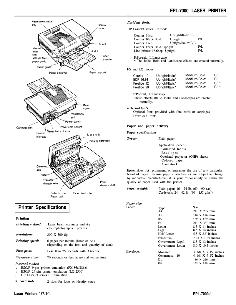 Page 1 de la notice Fiche technique Epson EPL-7000