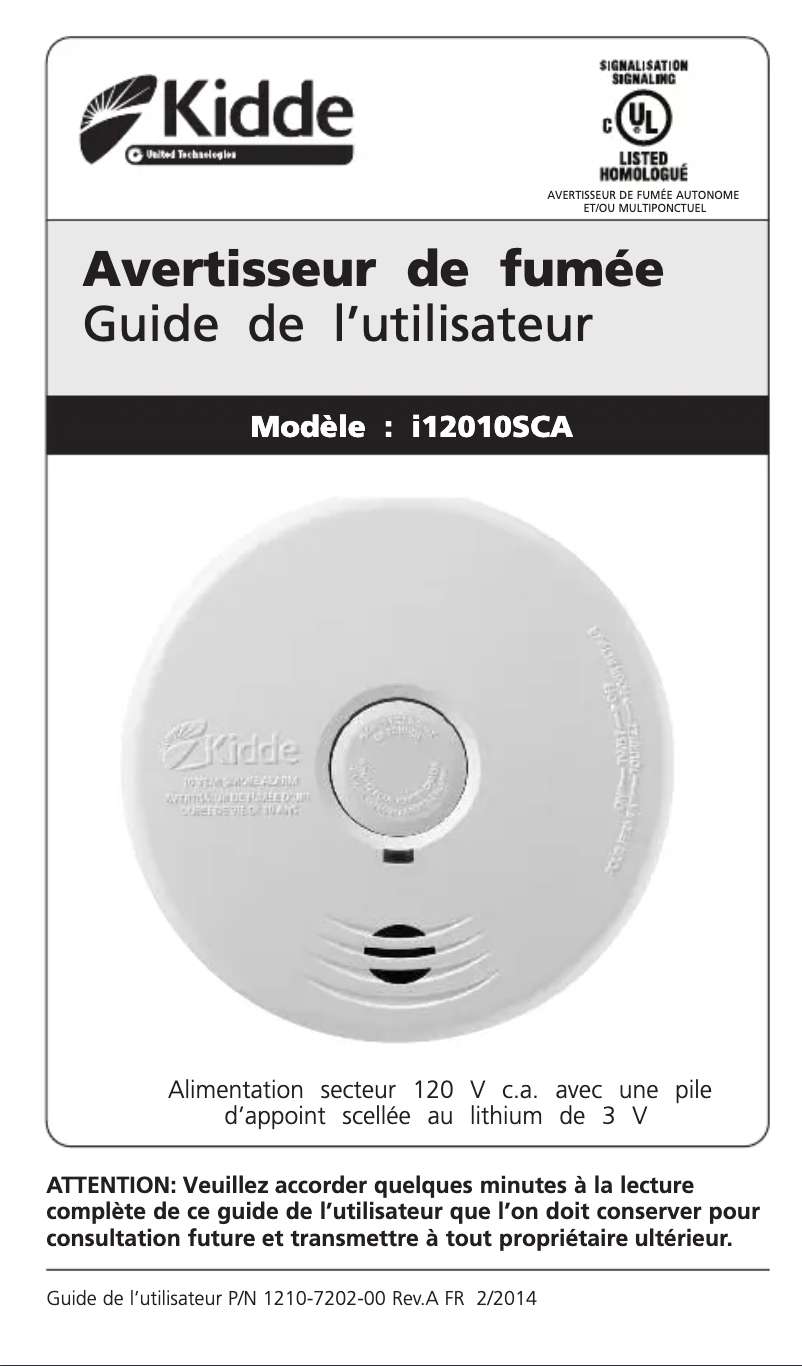 Page 1 de la notice Manuel utilisateur Kidde i12010SCA