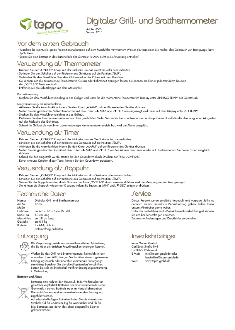 Page 1 de la notice Manuel utilisateur tepro 8565