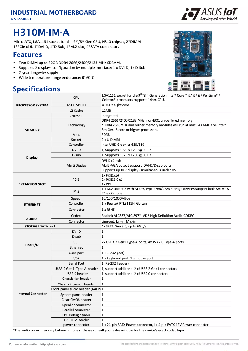 Page 1 de la notice Fiche technique Asus H310M-IM-A