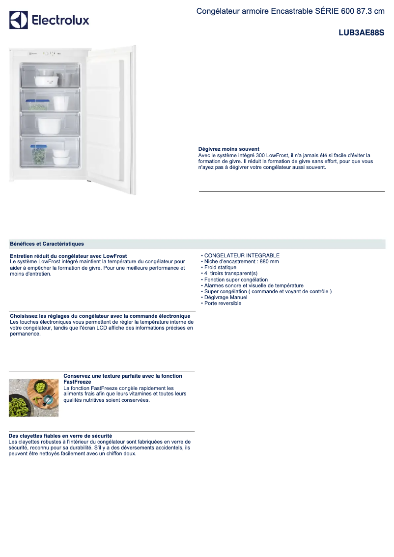Page 1 de la notice Fiche technique Electrolux LUB3AE88S