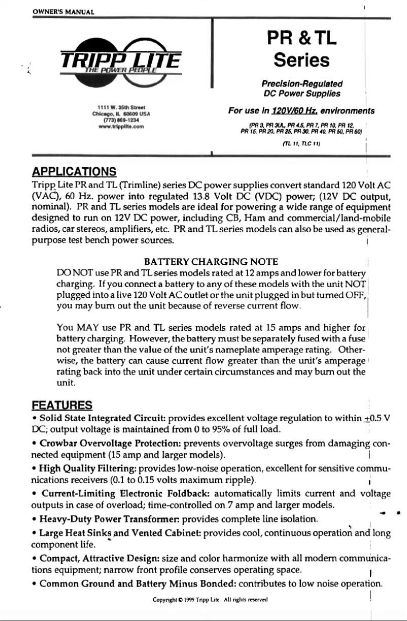 Page 1 de la notice Manuel utilisateur Tripp Lite PR-3UL