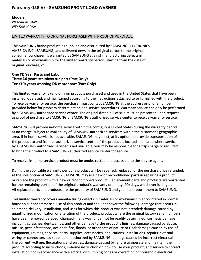 Page 1 de la notice Informations de garantie Samsung WF45A6400AW