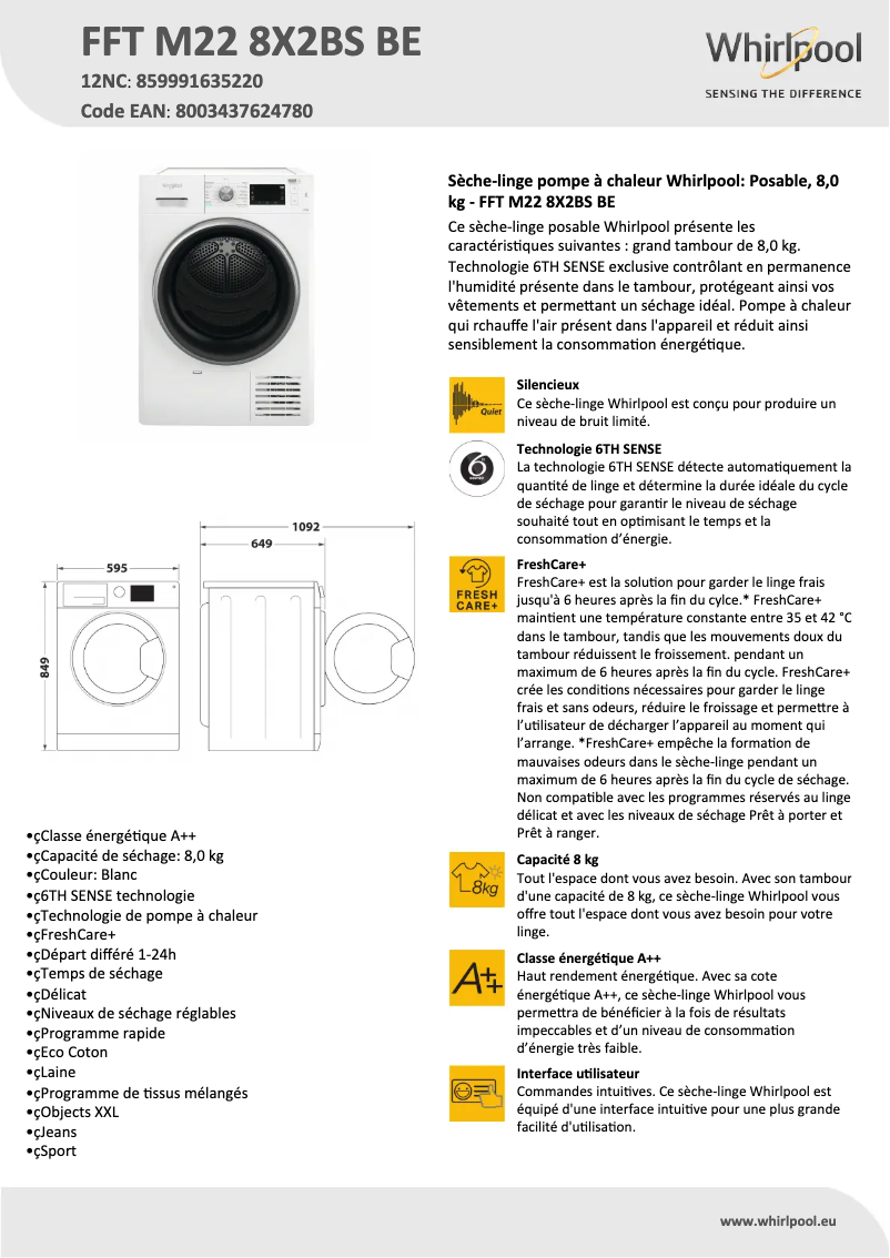 Page n°1 - Fiche technique Whirlpool FFT M22 8X2BS BE