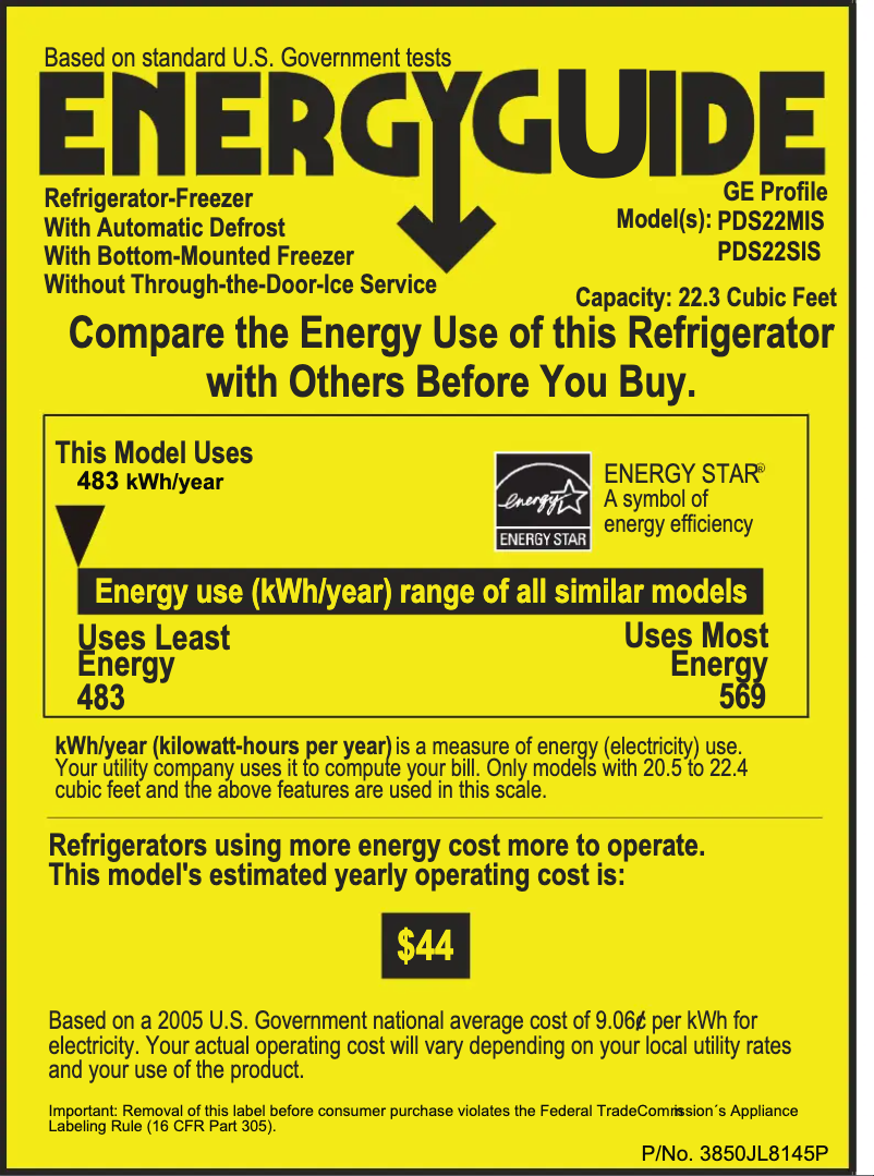Page n°1 - Label énergétique GE Profile PDS22MISWW