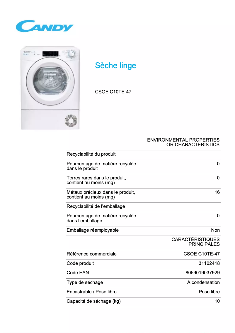 Page 1 de la notice Fiche technique Candy CSOE C10TE-47