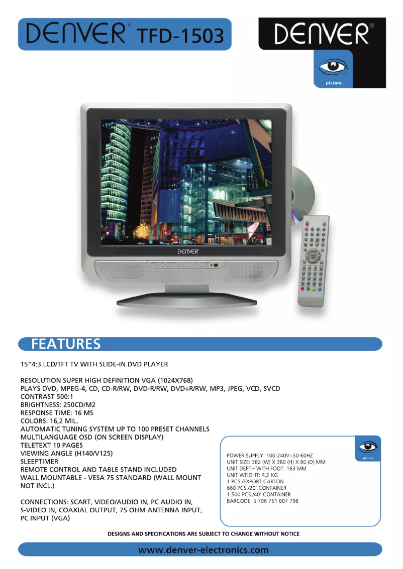 Page 1 de la notice Manuel utilisateur Denver TFD-1503